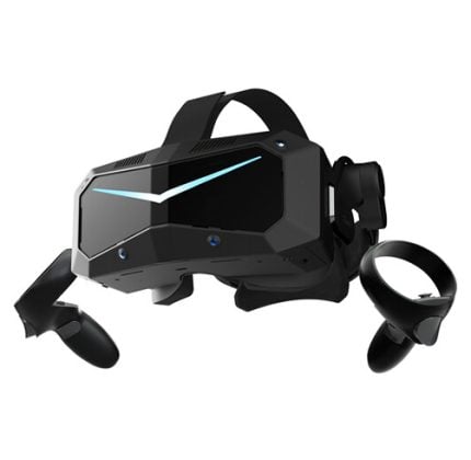 Black virtual reality headset with blue-accented visor and two handheld motion controllers on either side.