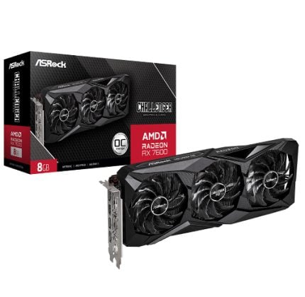 ASRock Challenger AMD Radeon RX 7600 graphics card with triple-fan cooling shown beside its box.