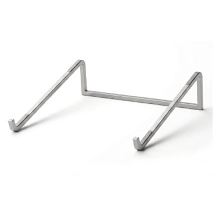 Metal wire book stand with two angled legs and a horizontal support bar, used to hold a book or tablet open.