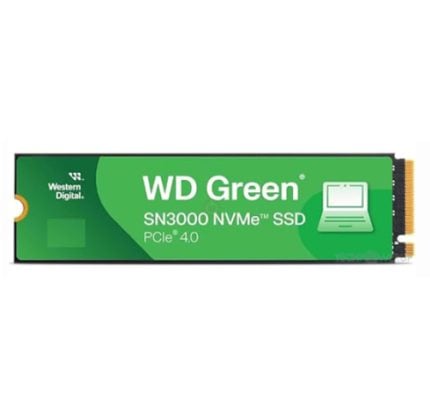 Western Digital WD Green SN300 NVMe PCIe 4.0 M.2 SSD with green label and laptop icon.