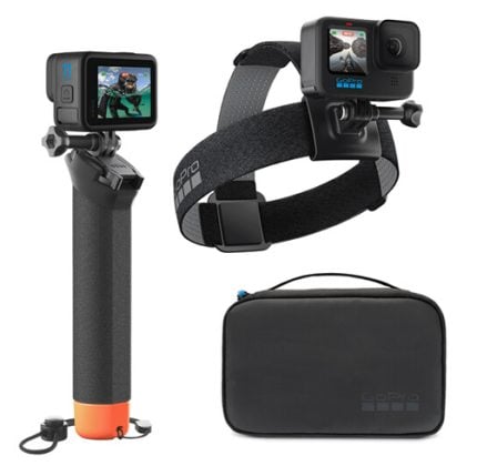 GoPro action camera accessories: a handheld selfie stick with camera, a head strap mount with camera, and a black carrying case.