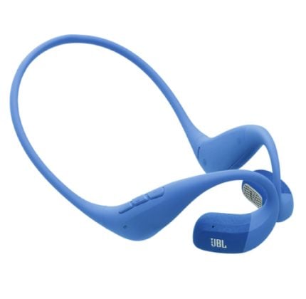 Blue JBL wireless sports headset with behind-the-ear loop and neckband on a white background