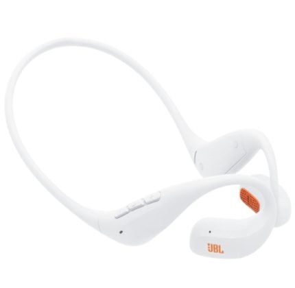 White neckband wireless headphones with in-ear buds and an orange JBL logo on the earbud