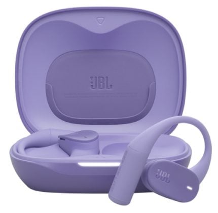 Purple JBL wireless earbuds in an open charging case, with the earbuds resting inside and the case lid open, branding visible.
