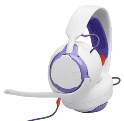 White and purple over-ear gaming headset with a flexible boom microphone.