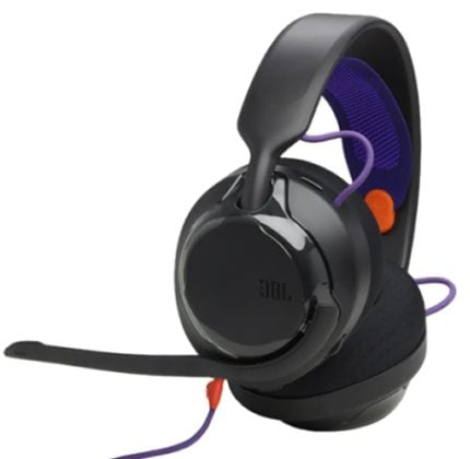 Black JBL over-ear gaming headset with attached boom mic and purple accents on the headband/back of ear cups