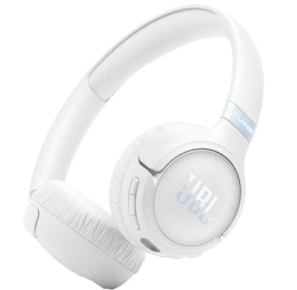 White over-ear JBL headphones with cushioned ear cups, wireless design.