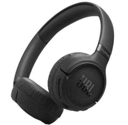 Black JBL Tune over-ear wireless headphones with cushioned ear pads.