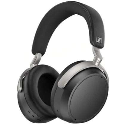 Over-ear black and silver headphones with padded headband and cushions, shown from a side angle.