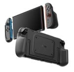 Nintendo Switch in handheld mode with blue left Joy-Con and red right Joy-Con detached from the screen.