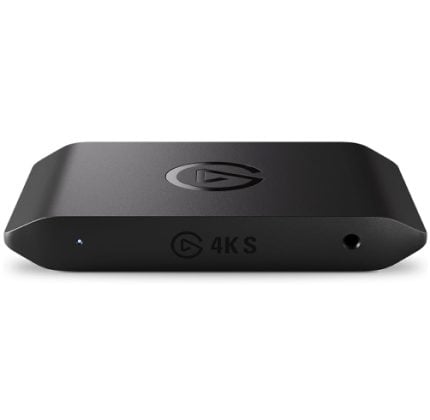 Compact black streaming media device with a blue front LED on the left and a '4KS' logo on the front; rounded edges and a top circular emblem.