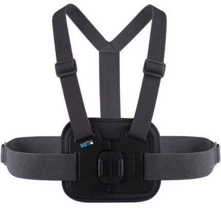GoPro chest mount harness with adjustable gray straps and a padded chest plate for hands-free filming.