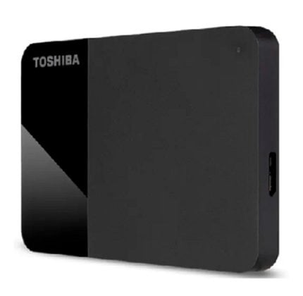 Toshiba portable external hard drive/SSD in black with a dark gray front, shown at an angle with a USB-C port visible on the side.