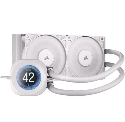 Corsair all-in-one liquid CPU cooler with two 120mm fans and a pump displaying 42°C on the front LCD.