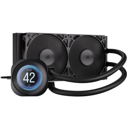 Black liquid CPU cooler with dual fans and a circular LCD display showing 42°C, connected by braided tubes.