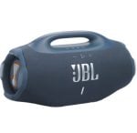 Blue JBL portable Bluetooth speaker with a top carrying handle and control buttons on the top surface.