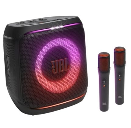 JBL portable speaker with a purple LED ring and two wireless microphones beside it, on a white background