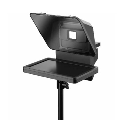 Pedestal-mounted flatbed scanner with lid open and a sliding scanning tray beneath it