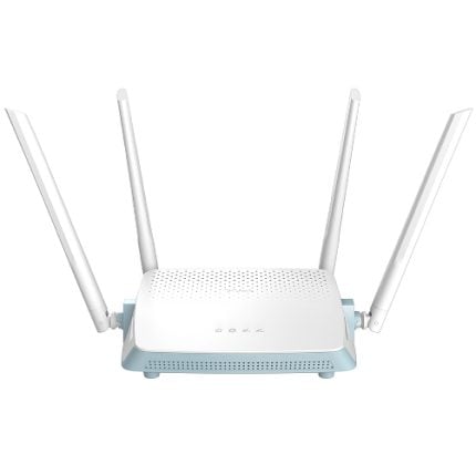 Wireless router with six external antennas and a white/blue body on a white background, front view.