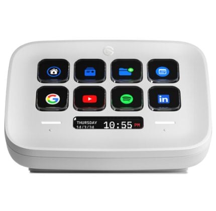 White compact smart clock with eight app icons in a grid and a small digital clock display below.