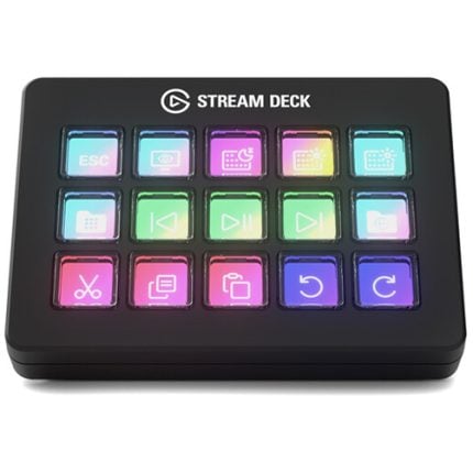Black Stream Deck with 15 rainbow backlit programmable keys in a 5x3 grid, logo at top center of device.