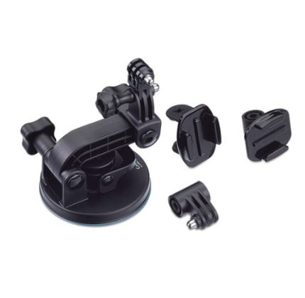 Black suction-cup action camera mount with adjustable arm and four mounting adapters laid out around it.