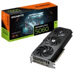 Gigabyte GeForce RTX 5060 graphics card with three cooling fans beside its black packaging box