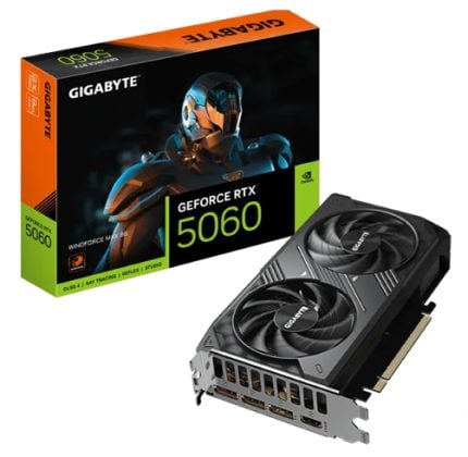 GeForce RTX 5060 graphics card with dual-fan cooler next to its Gigabyte box packaging; PCIe bracket visible on card edge.