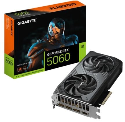 Gigabyte GeForce RTX 5060 graphics card with dual-fan cooler beside its orange and green packaging box.