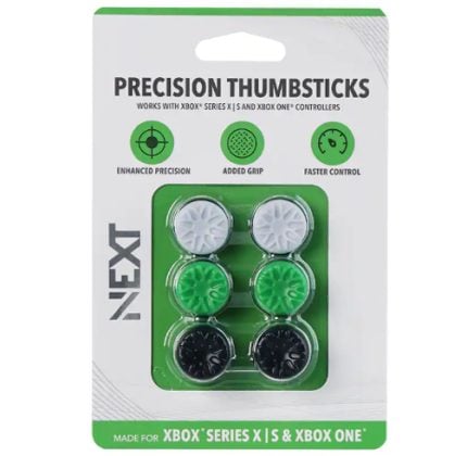 Six replacement thumbstick caps for Xbox Series X|S and Xbox One controllers in white, green, and black on a blister pack.