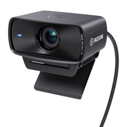 FaceCam USB webcam with built-in adjustable mount and attached cable, shown from an angled front view