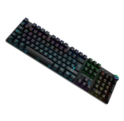 RGB backlit mechanical keyboard angled diagonally; black chassis with rainbow lighting across keys, gaming-style keyboard.