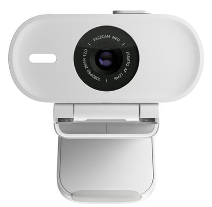 White webcam with a circular black lens bezel in the center, mounted on a hinged stand for video calls.
