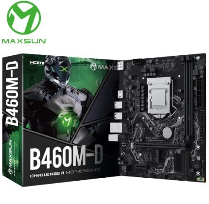 Maxsun B460M-D Challenger motherboard box with the mounted motherboard visible next to it, on a white background
