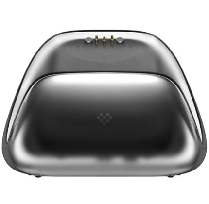 Front view of a reflective metallic silver toaster with curved sides and two slots on top.