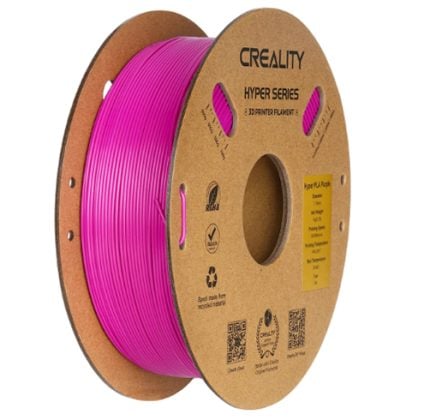 Pink 3D printer filament on a brown spool labeled CREALITY Hyper Series, ready for use in a 3D printer.