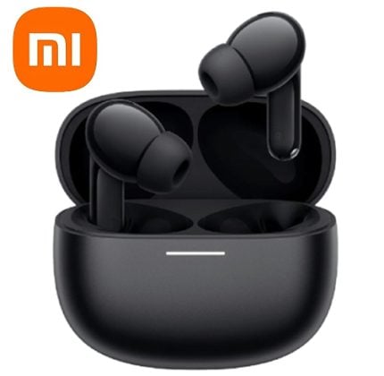 Black wireless earbuds in an open charging case, with a Xiaomi Mi logo in the orange corner