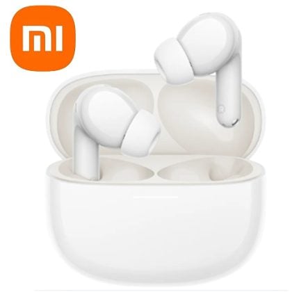 White Xiaomi Mi true wireless earbuds resting in an open charging case, with the orange Mi logo in the top-left corner.