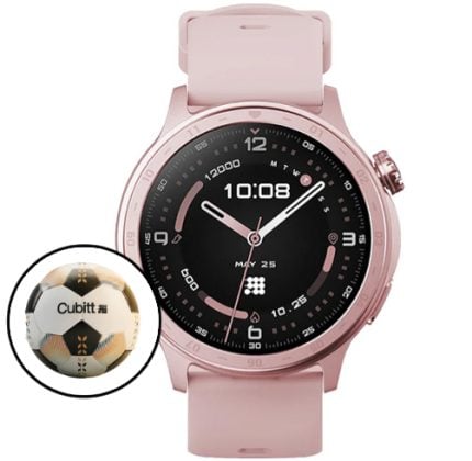 Pink smartwatch with round black dial and pink band, showing 10:08, with a Cubitt-branded soccer ball inset in the lower-left corner.