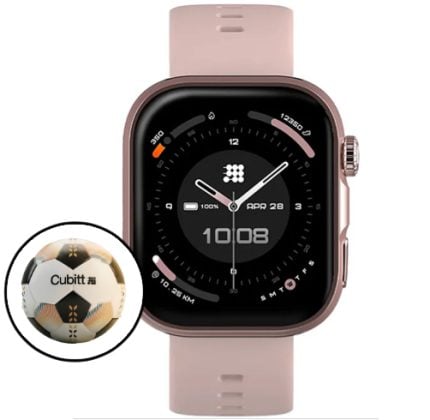 Pink smartwatch with square display and pale pink band; inset shows a Cubitt football beside the watch, indicating a brand or accessory pairing