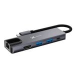 Gray USB-C multiport adapter with Ethernet, HDMI, two USB-A 3.0 ports, and a USB-C input, connected to a laptop