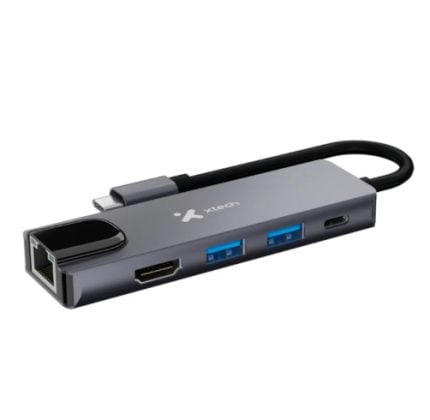 Gray USB-C multiport adapter with Ethernet, HDMI, two USB-A 3.0 ports, and a USB-C input, connected to a laptop