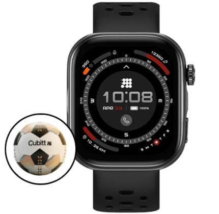 Smartwatch with black band and square-rounded display, inset shows a Cubitt brand football beside it