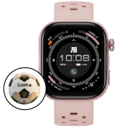 Pink smartwatch with square display and a soccer ball sticker overlapping the lower-left corner.