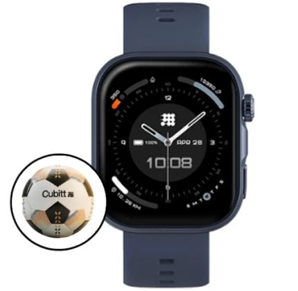 Blue smartwatch with a circular soccer ball sticker attached to its side.