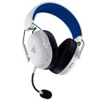 White and blue over-ear gaming headset with attached microphone and cushioned ear cups.