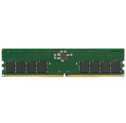 Desktop DIMM RAM module with a green PCB, gold edge connectors, and multiple black memory chips along the length.