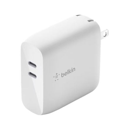 Belkin white USB-C wall charger with two ports and foldable prongs