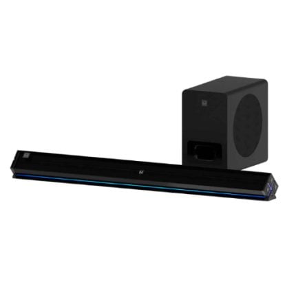 Slim black soundbar with blue edge lighting and a tall subwoofer—home theater speaker system.