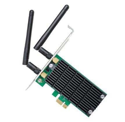 PCIe wireless network card with two external antennas and a heatsink-style finned plate on the card edge.